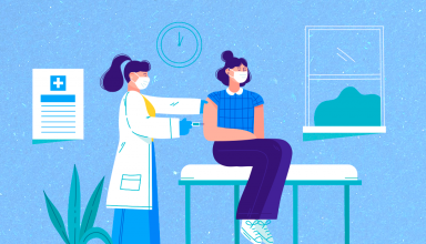 ilustração de uma pessoa sendo vacinada por uma enfermeira